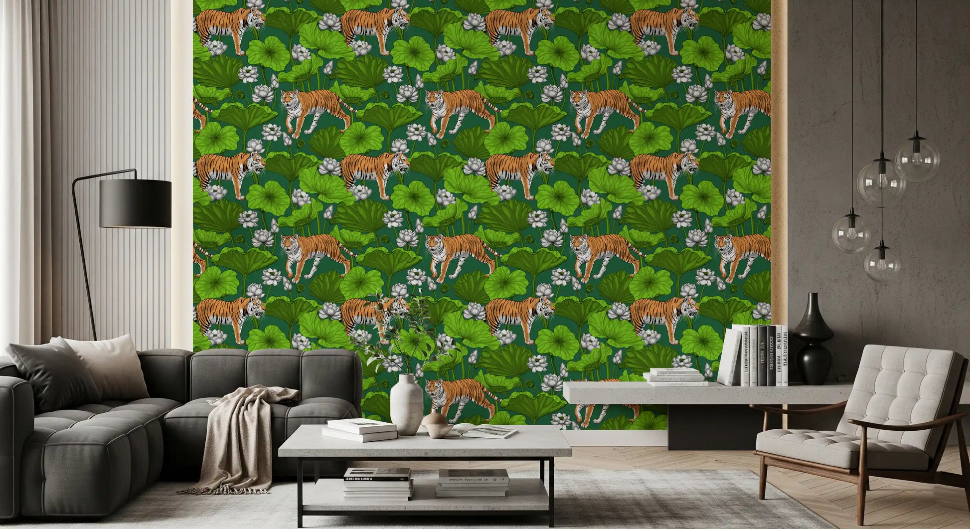 Bold tiger and lotus pond wallpaper in deep green and white., GD10543