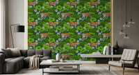 Bold tiger and lotus pond wallpaper in deep green and white., GD10543
