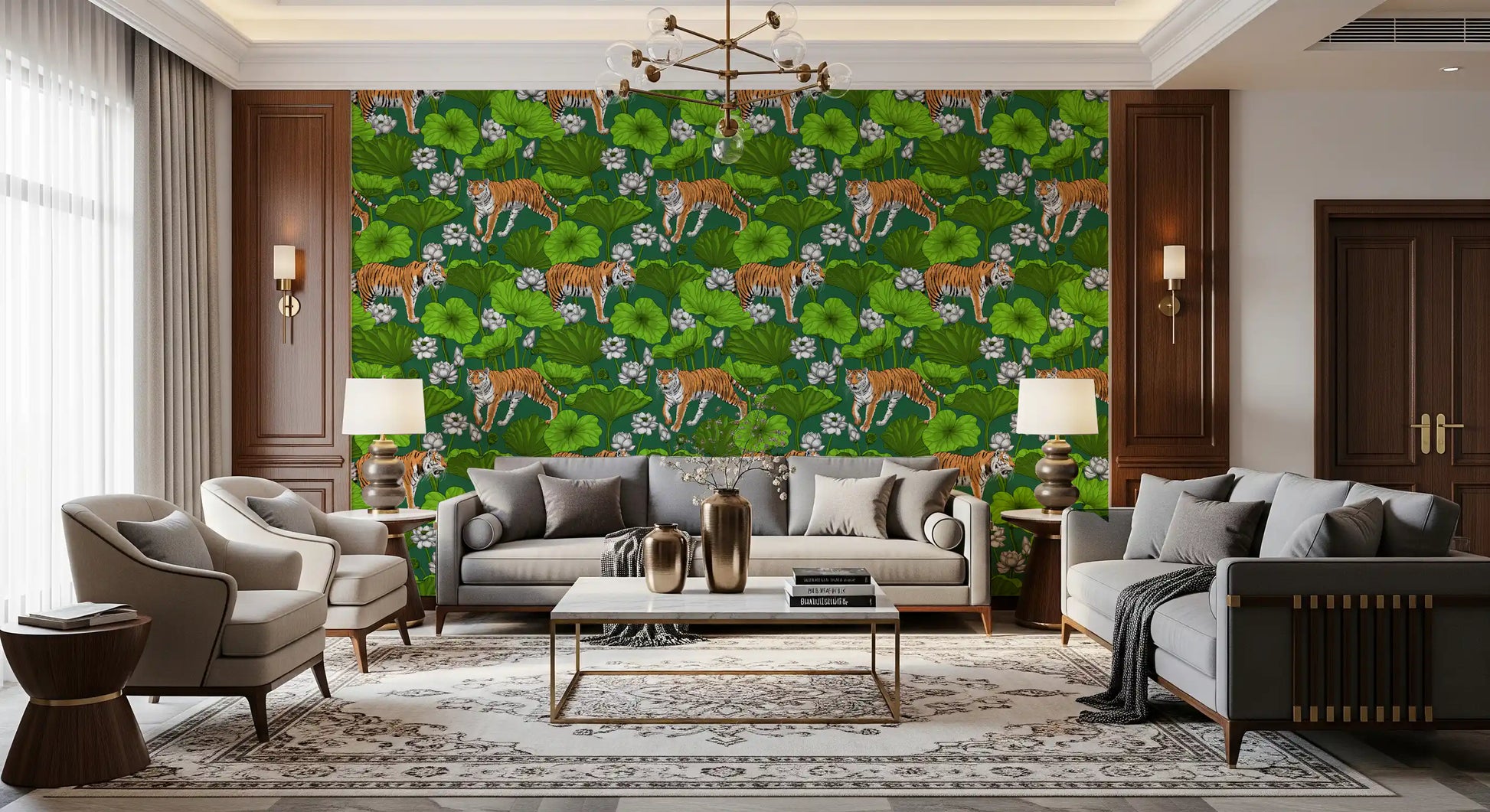 Orange striped tigers among white lotus on green wallpaper for living area., GD10543
