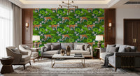 Orange striped tigers among white lotus on green wallpaper for living area., GD10543