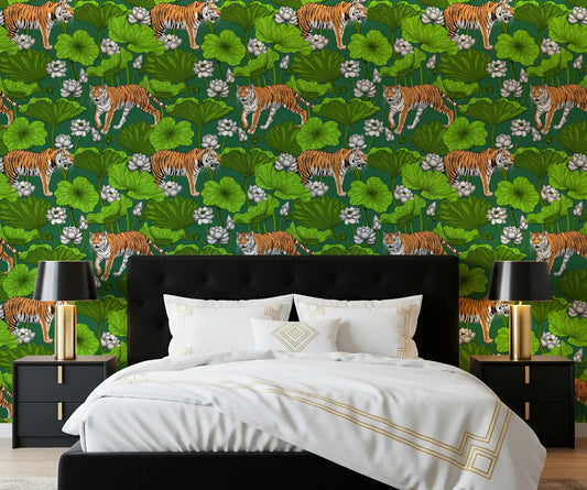 Tiger and lotus pond wallpaper adding freshness to a bedroom wall.
