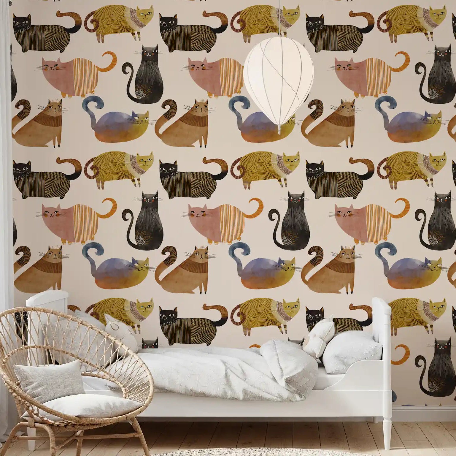 Watercolour style cat wallpaper with curly tailed felines in mixed tones., GD10544