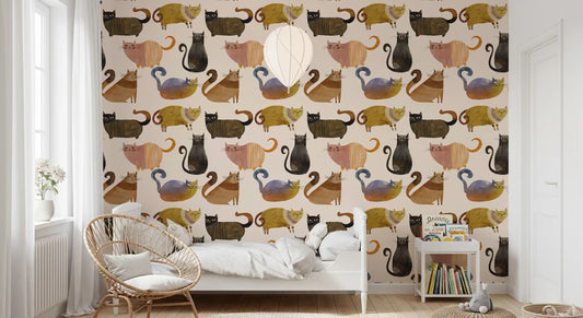 Watercolour style cat wallpaper with curly tailed felines in mixed tones.