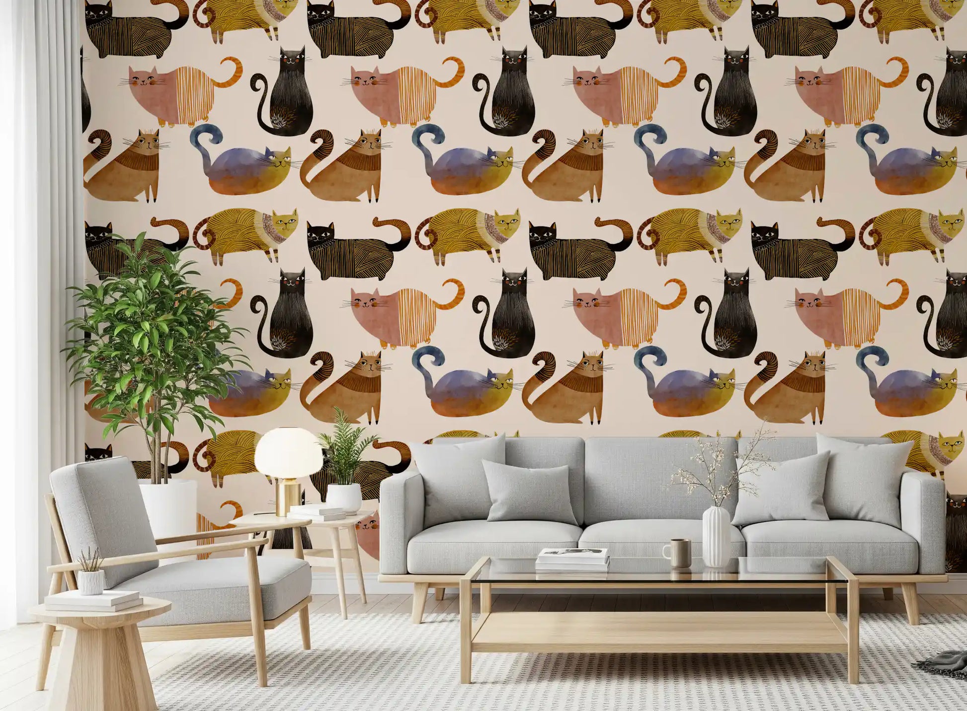 Curly Tail Club cat wallpaper with illustrated felines in gold and black tones., GD10544