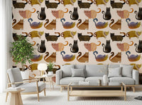 Curly Tail Club cat wallpaper with illustrated felines in gold and black tones., GD10544
