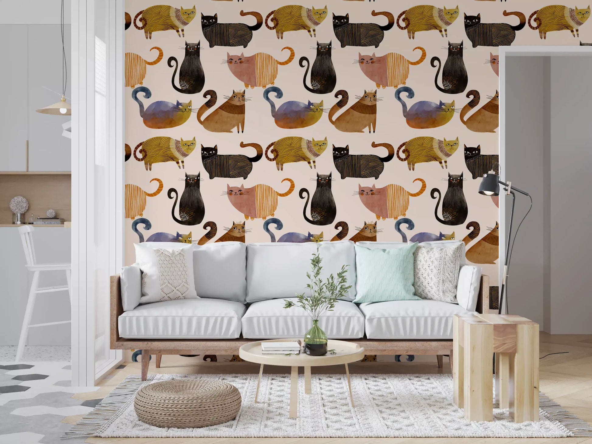 Warm toned wallpaper with blush pink and charcoal illustrated cats., GD10544
