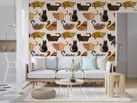 Warm toned wallpaper with blush pink and charcoal illustrated cats., GD10544