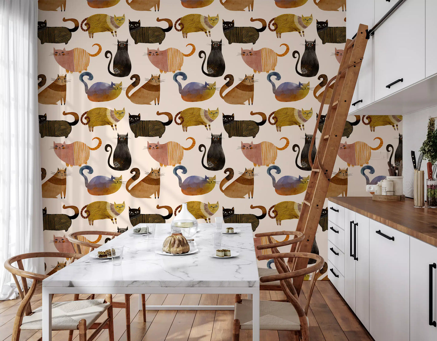 Playful feline wallpaper with watercolour cats in earthy brown and gold., GD10544