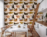 Playful feline wallpaper with watercolour cats in earthy brown and gold., GD10544