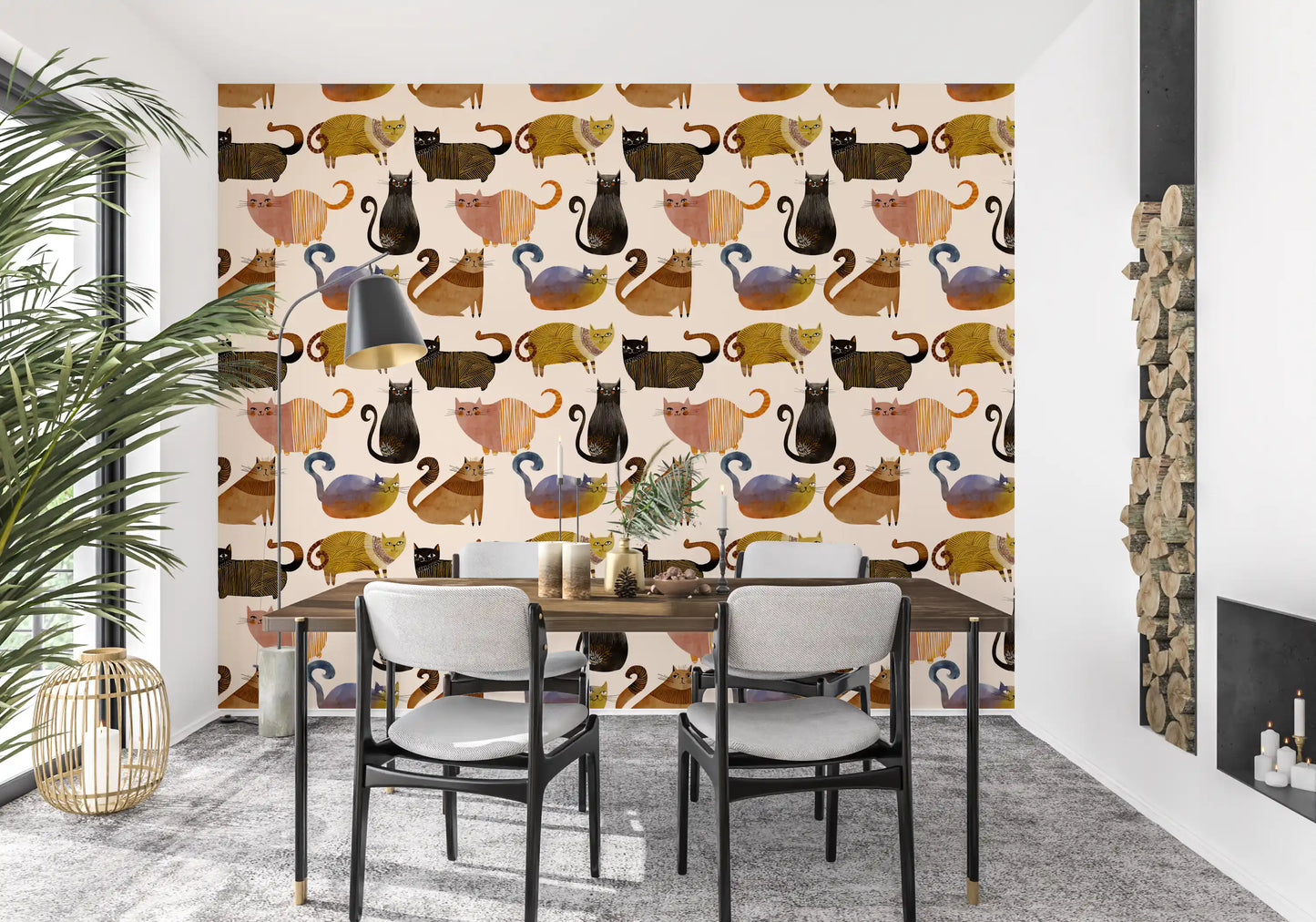 Cream background cat wallpaper featuring multiple illustrated feline character., GD10544