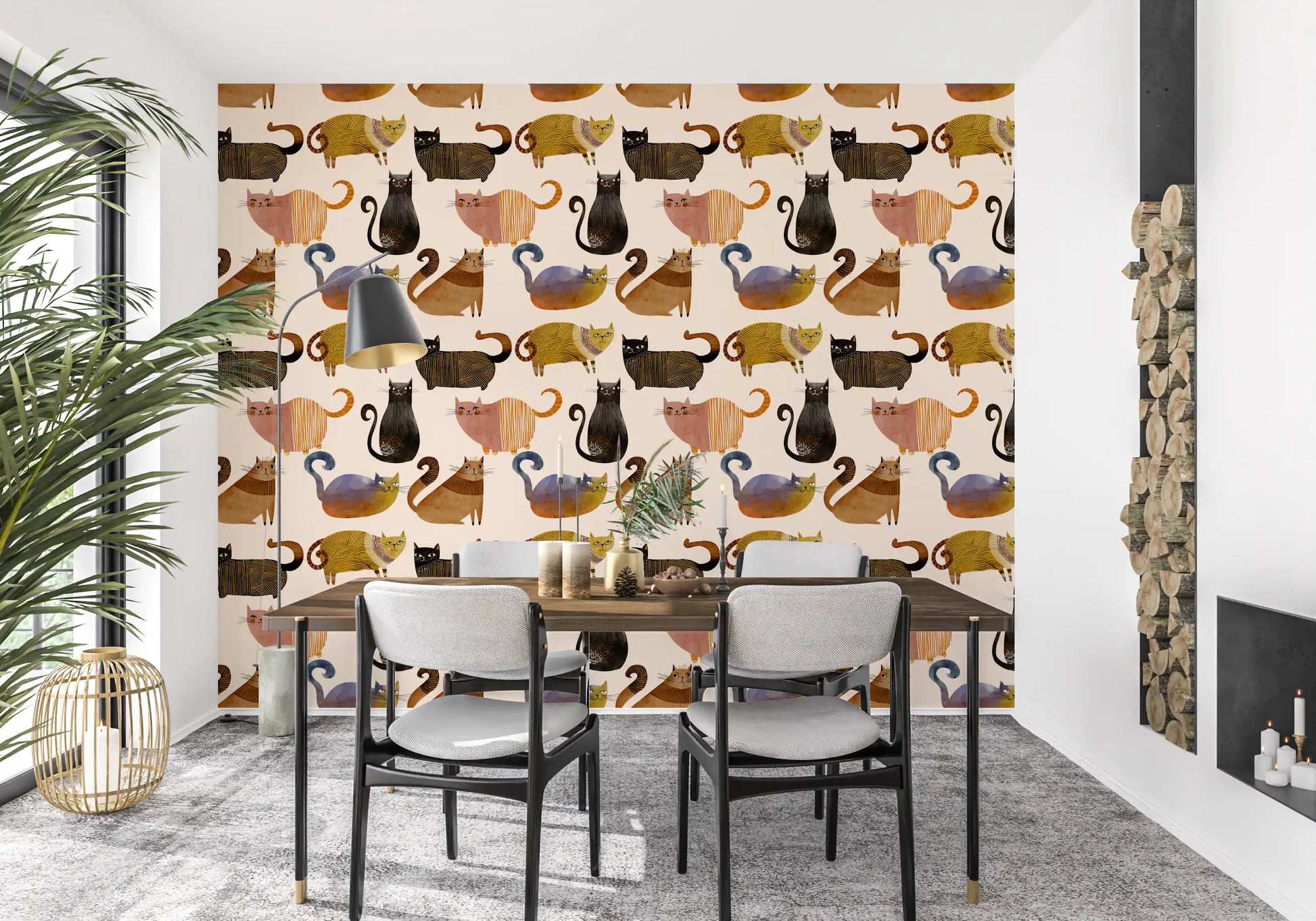 Cream background cat wallpaper featuring multiple illustrated feline character., GD10544