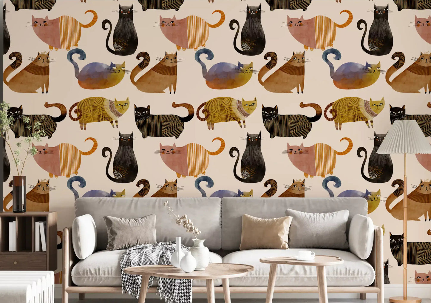 Cat wallpaper in a living room with playful illustrated feline characters., GD10544