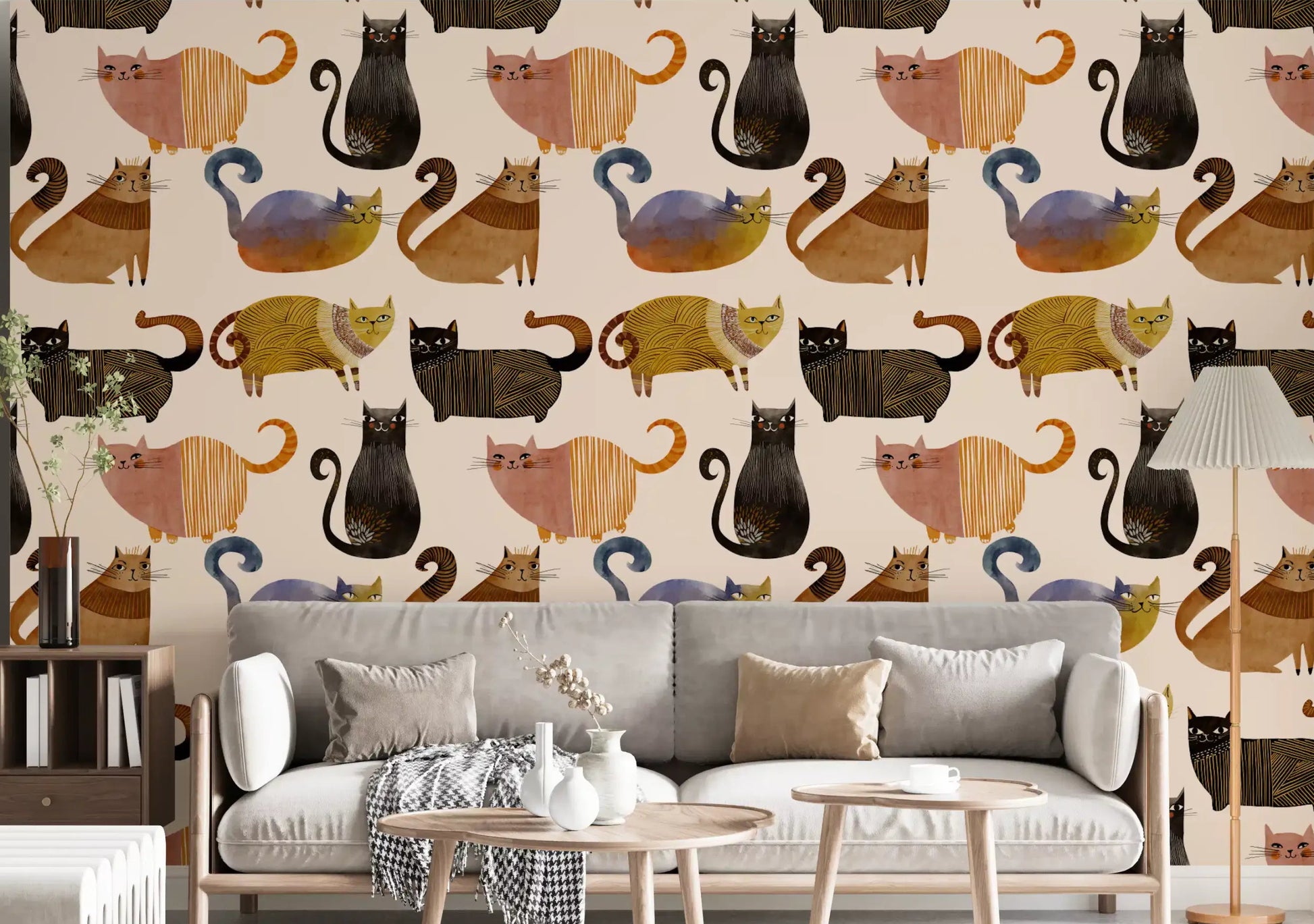 Cat wallpaper in a living room with playful illustrated feline characters., GD10544
