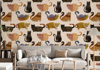 Cat wallpaper in a living room with playful illustrated feline characters., GD10544
