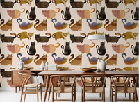 Illustrated feline wallpaper for dining room walls in warm gold and cream tones., GD10544