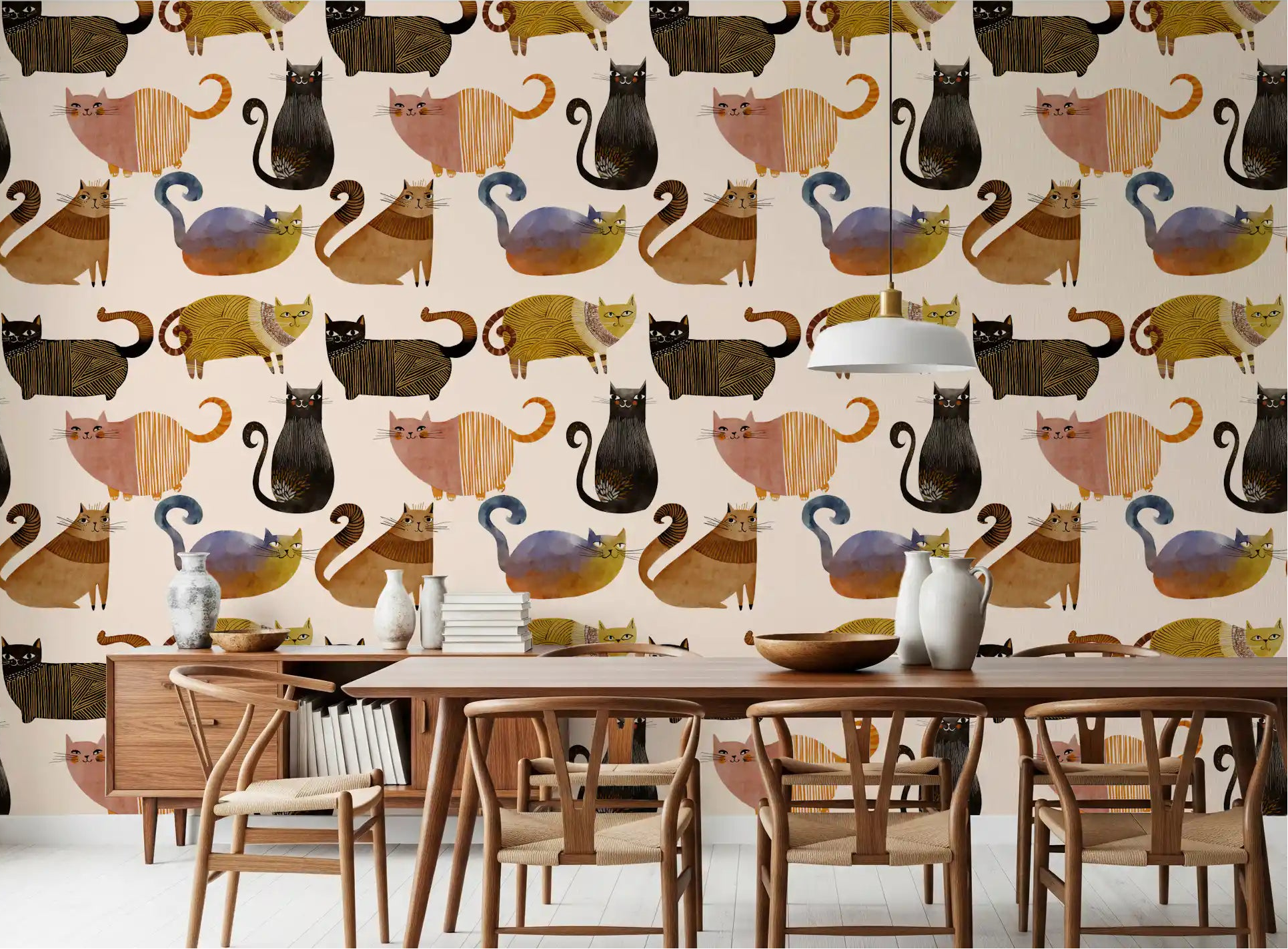 Illustrated feline wallpaper for dining room walls in warm gold and cream tones., GD10544