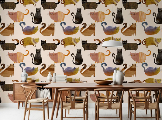 Illustrated feline wallpaper for dining room walls in warm gold and cream tones.