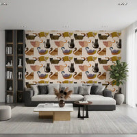 Illustrated cat wallpaper with curled tails on a soft cream background in living area., GD10544