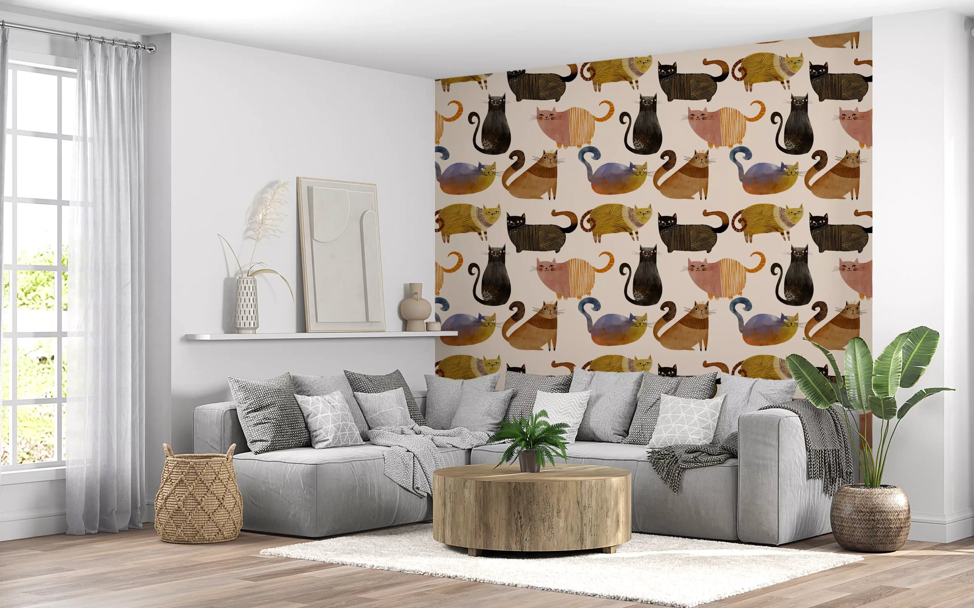 Repeating cat wallpaper pattern with black and golden striped feline figures., GD10544