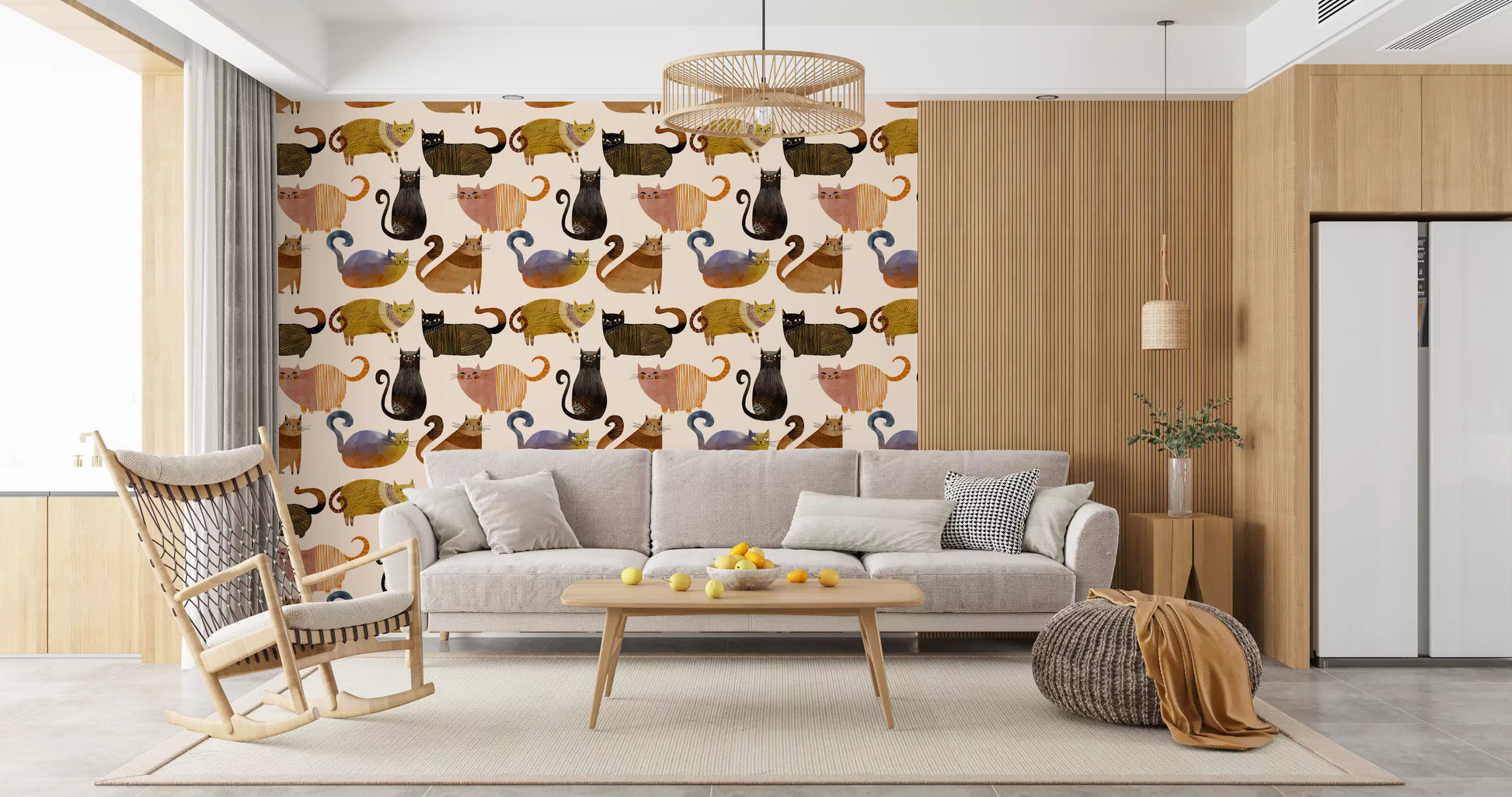 Whimsical cat pattern wallpaper featuring warm ochre and pink feline figures., GD10544