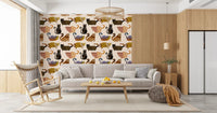 Whimsical cat pattern wallpaper featuring warm ochre and pink feline figures., GD10544