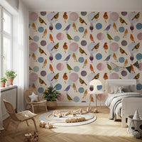 Repeating bird wallpaper pattern with muted tones and textured circles in kids bedroom., GD10546