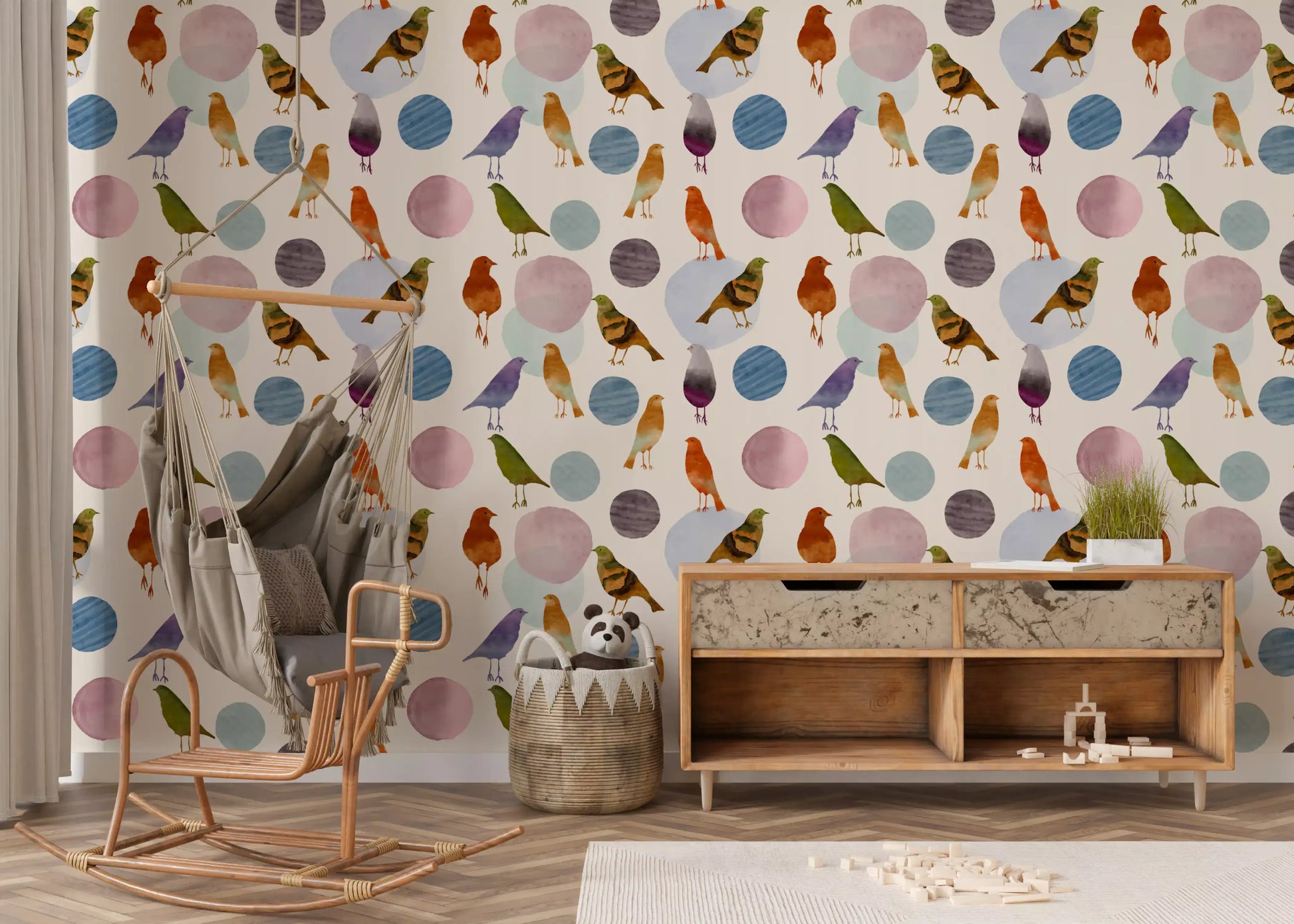 Muted watercolour bird wallpaper for nursery walls in soft pastel tones., GD10546