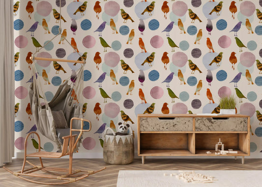 Muted watercolour bird wallpaper for nursery walls in soft pastel tones.