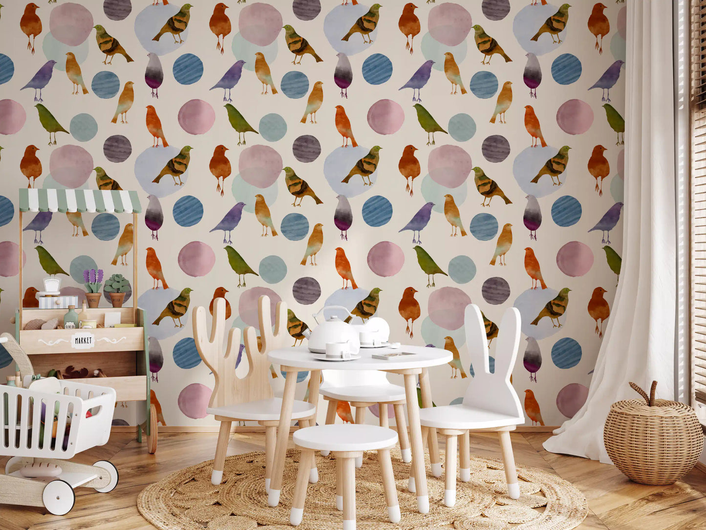 Muted watercolour bird wallpaper with rust and olive songbirds on cream., GD10546