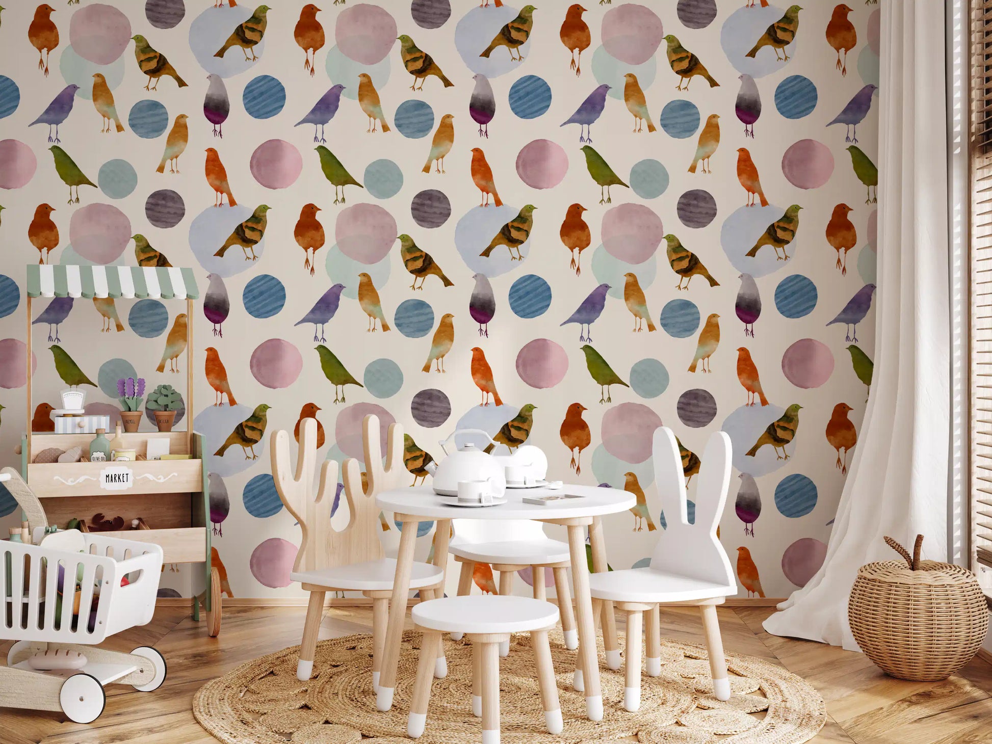 Muted watercolour bird wallpaper with rust and olive songbirds on cream., GD10546