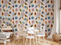Muted watercolour bird wallpaper with rust and olive songbirds on cream., GD10546