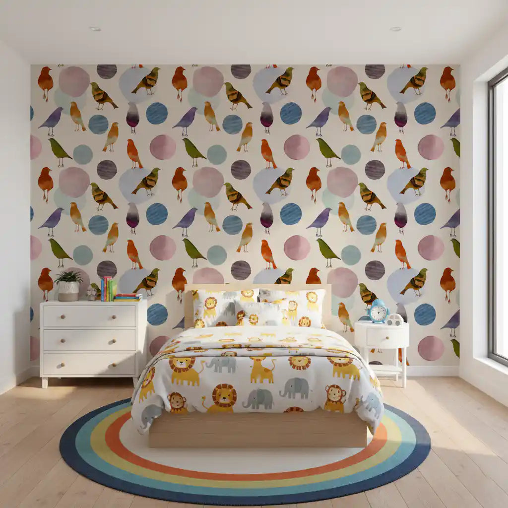 Watercolour songbird wallpaper in warm rust and cool blue colour tones., GD10546