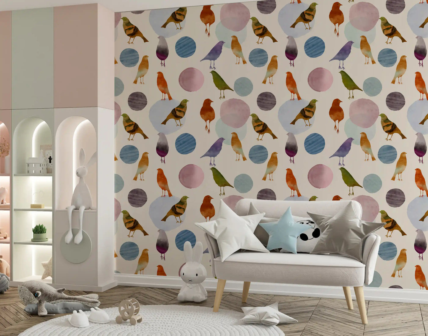 Soft toned bird wallpaper with olive green and plum watercolour birds in kids room., GD10546