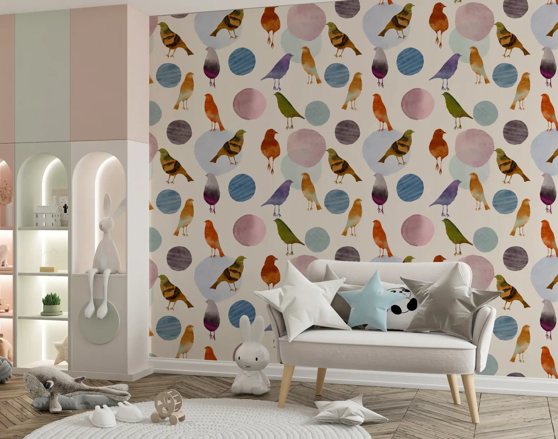 Soft toned bird wallpaper with olive green and plum watercolour birds in kids room., GD10546