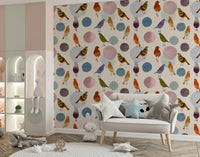Soft toned bird wallpaper with olive green and plum watercolour birds in kids room., GD10546