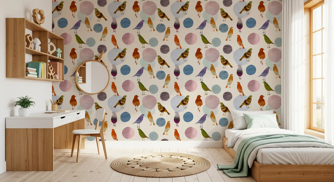 Bird wallpaper for kids bedroom with pastel watercolour birds and circles.