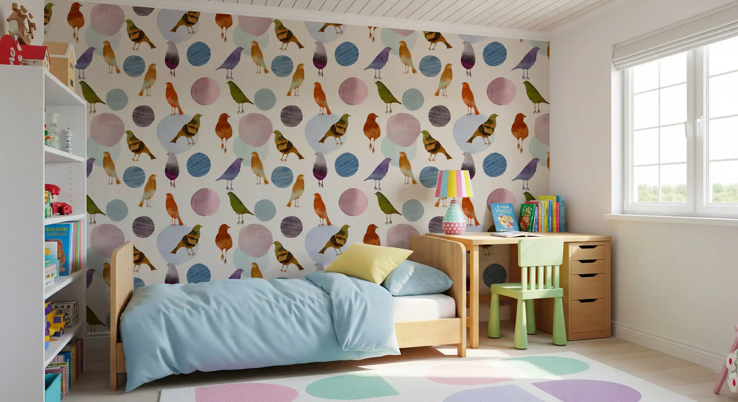 Colourful bird wallpaper with rust orange and violet songbird figures., GD10546