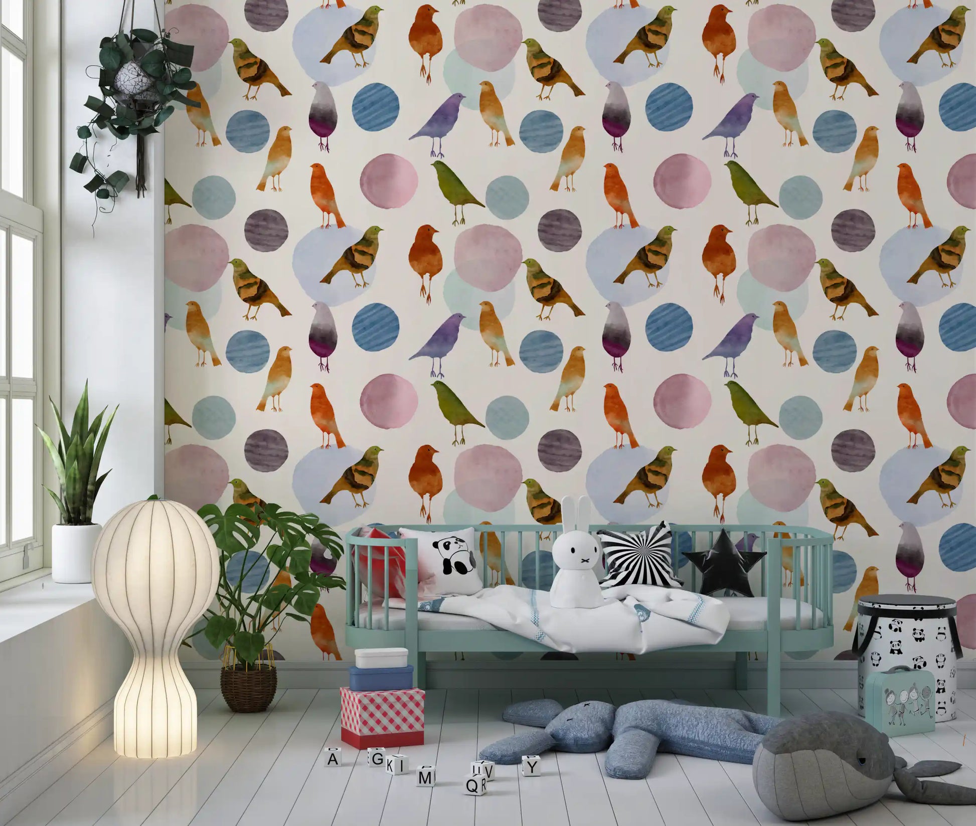 Cream background bird wallpaper featuring scattered pastel blob shapes., GD10546