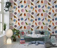 Cream background bird wallpaper featuring scattered pastel blob shapes., GD10546