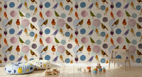 Pastel bird pattern wallpaper featuring purple and blue watercolour birds in playroom., GD10546