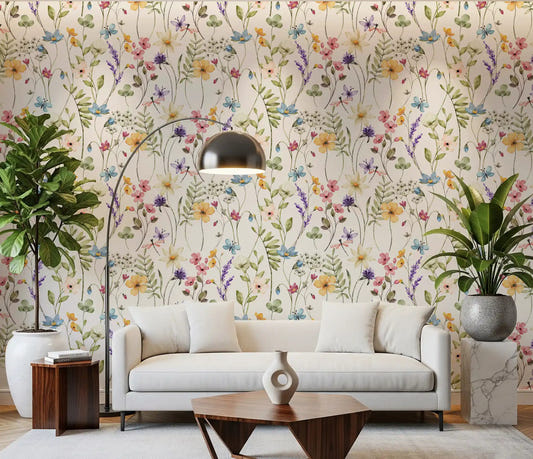 Botanical floral wallpaper for living room with pink and yellow wildflowers.