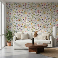 Watercolour wildflower wallpaper with purple and pink blooms on cream., GD10547