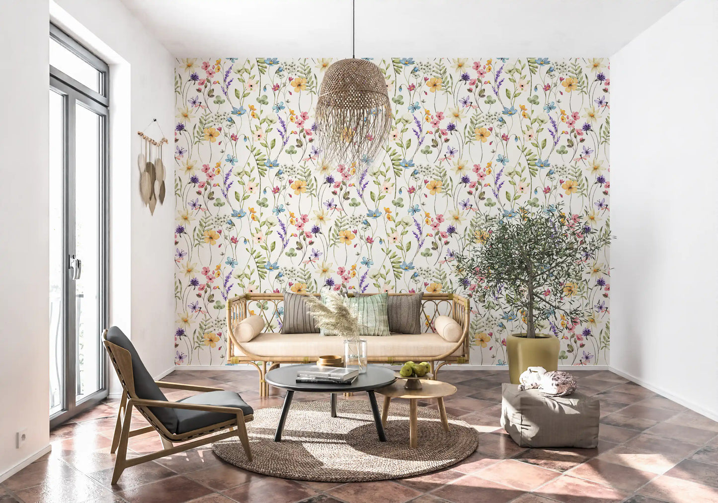 Colourful floral wallpaper with scattered wildflowers and green foliage., GD10547