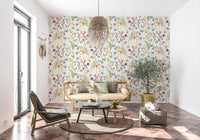 Colourful floral wallpaper with scattered wildflowers and green foliage., GD10547