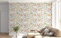 Cream background wildflower wallpaper with lavender pink and golden flowers., GD10547