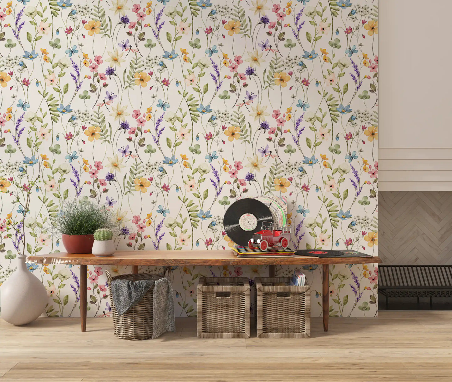 Botanical wildflower wallpaper featuring lavender sprigs and golden buttercups in hallway., GD10547