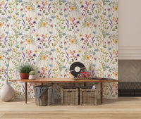 Botanical wildflower wallpaper featuring lavender sprigs and golden buttercups in hallway., GD10547