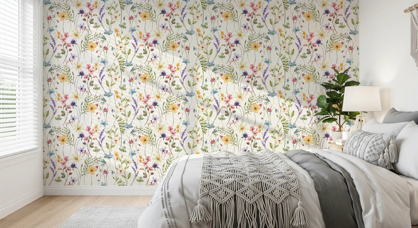 Wildflower wallpaper with butterflies and dragonflies among pastel blooms in bedroom., GD10547