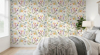 Wildflower wallpaper with butterflies and dragonflies among pastel blooms in bedroom., GD10547