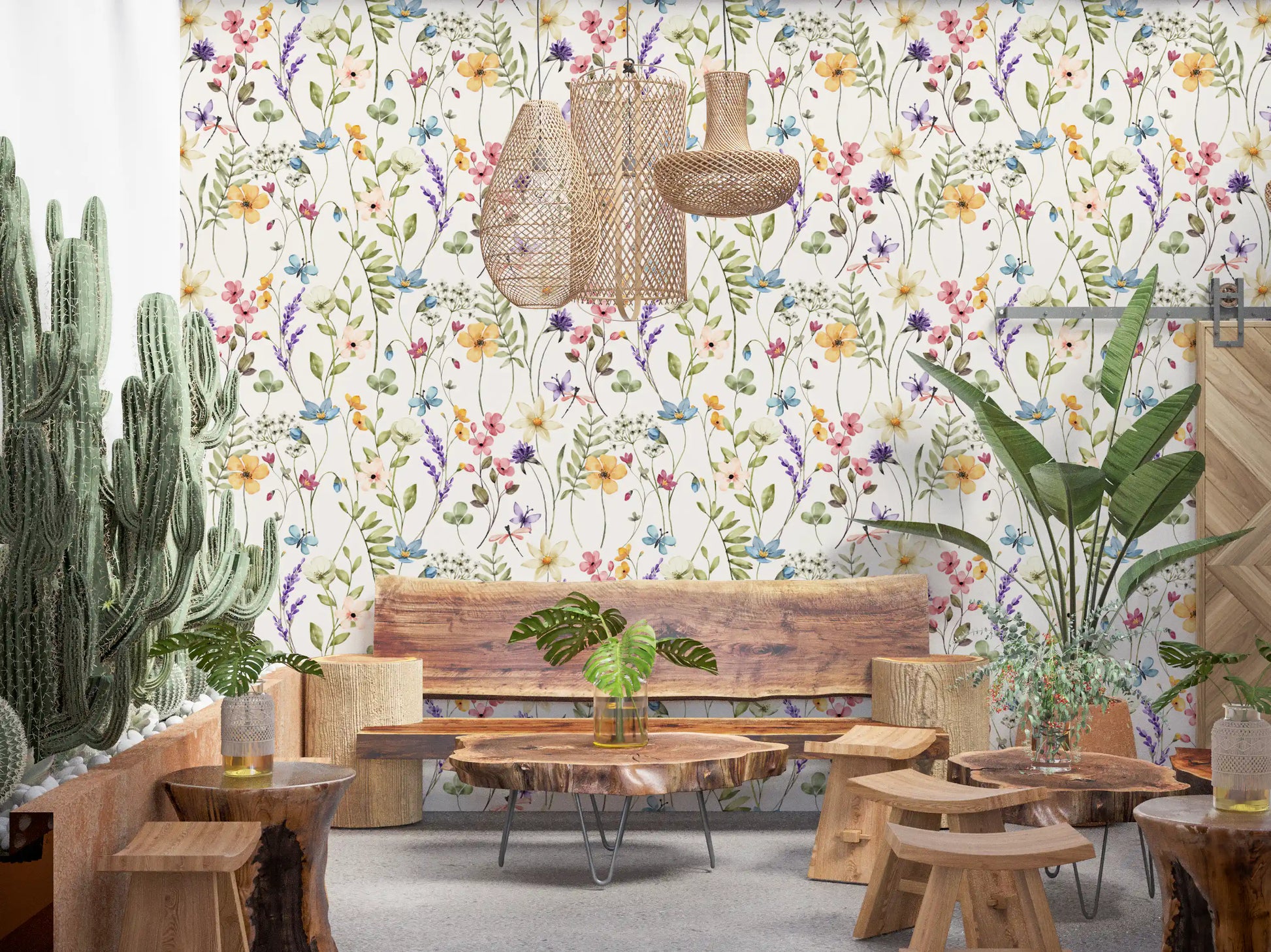 Botanical floral wallpaper featuring slender stems and leafy green branches., GD10547
